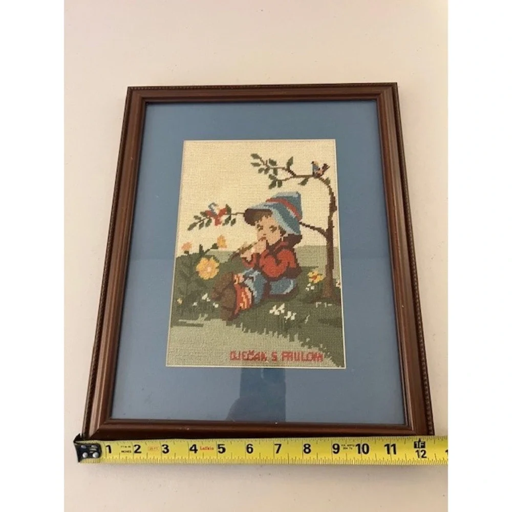 Vintage Hummel Style Needlepoint Framed Art Djecak S Frulom Boy with Flute 12x15
